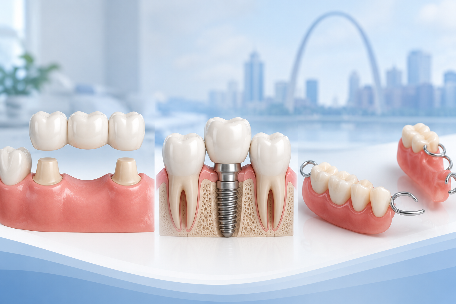 Missing Tooth Replacement Options: Bridges, Implant Crowns, and Dentures
