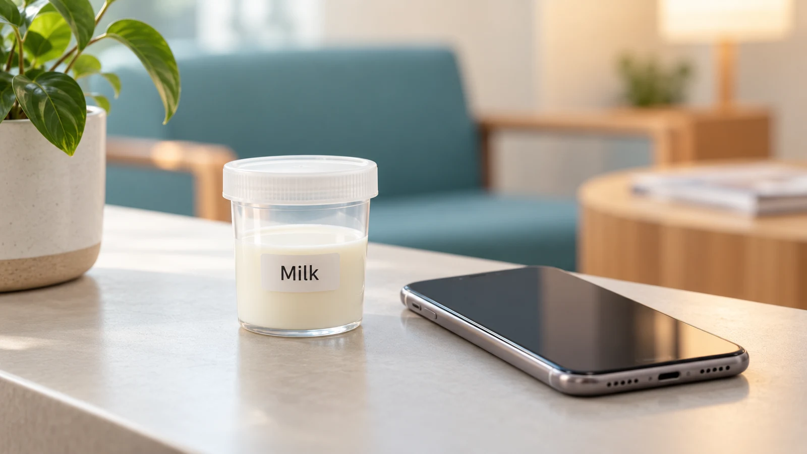 Clean lidded container labelled Milk beside a phone