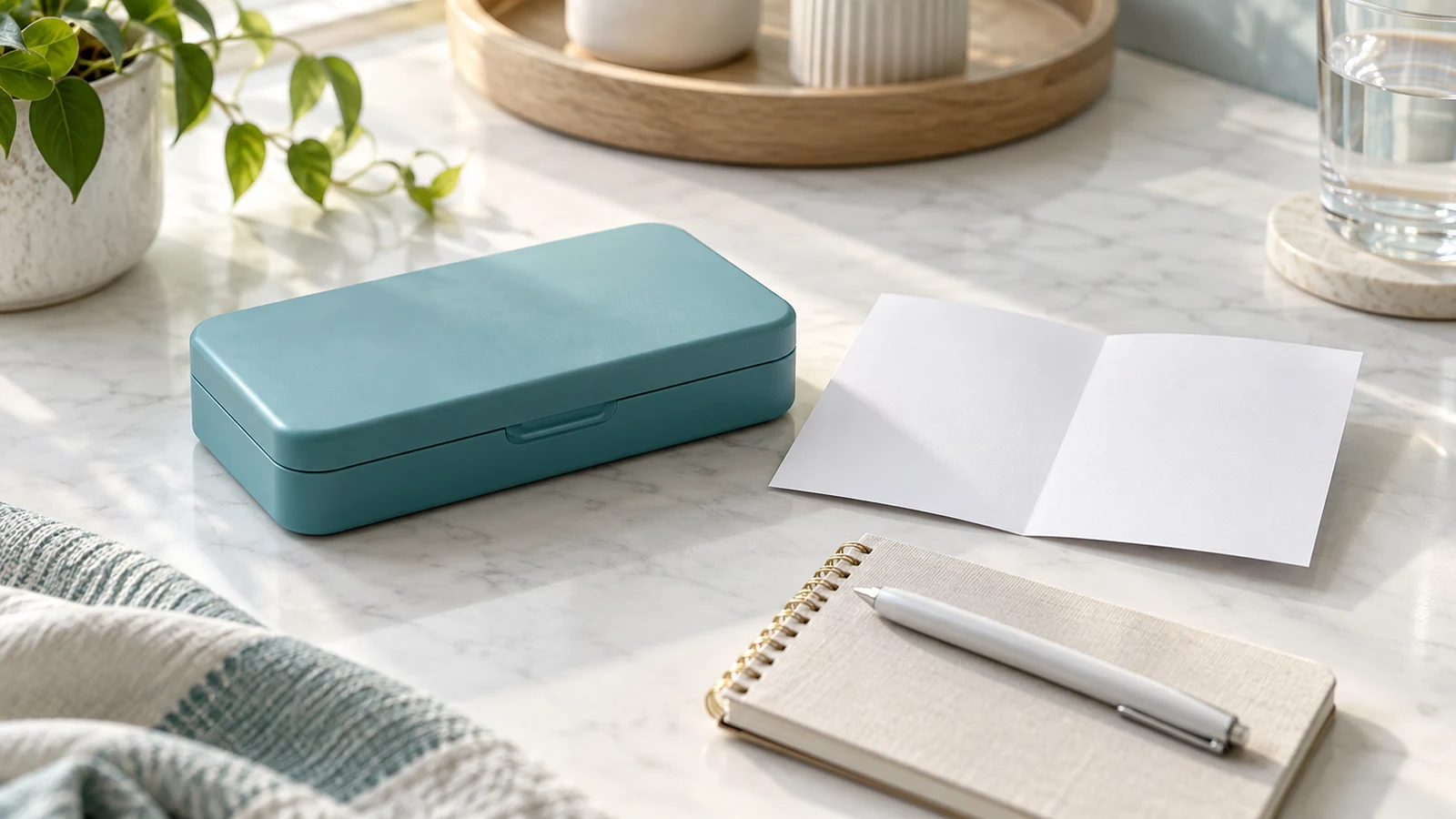Closed case beside a blank leaflet and notebook
