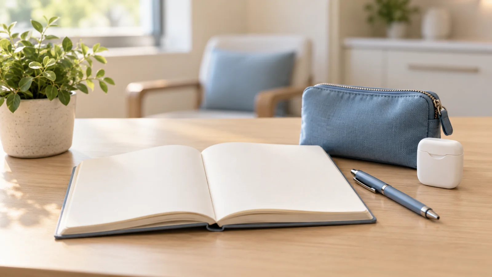 Notebook and oral-care supplies ready for questions at a dental appointment