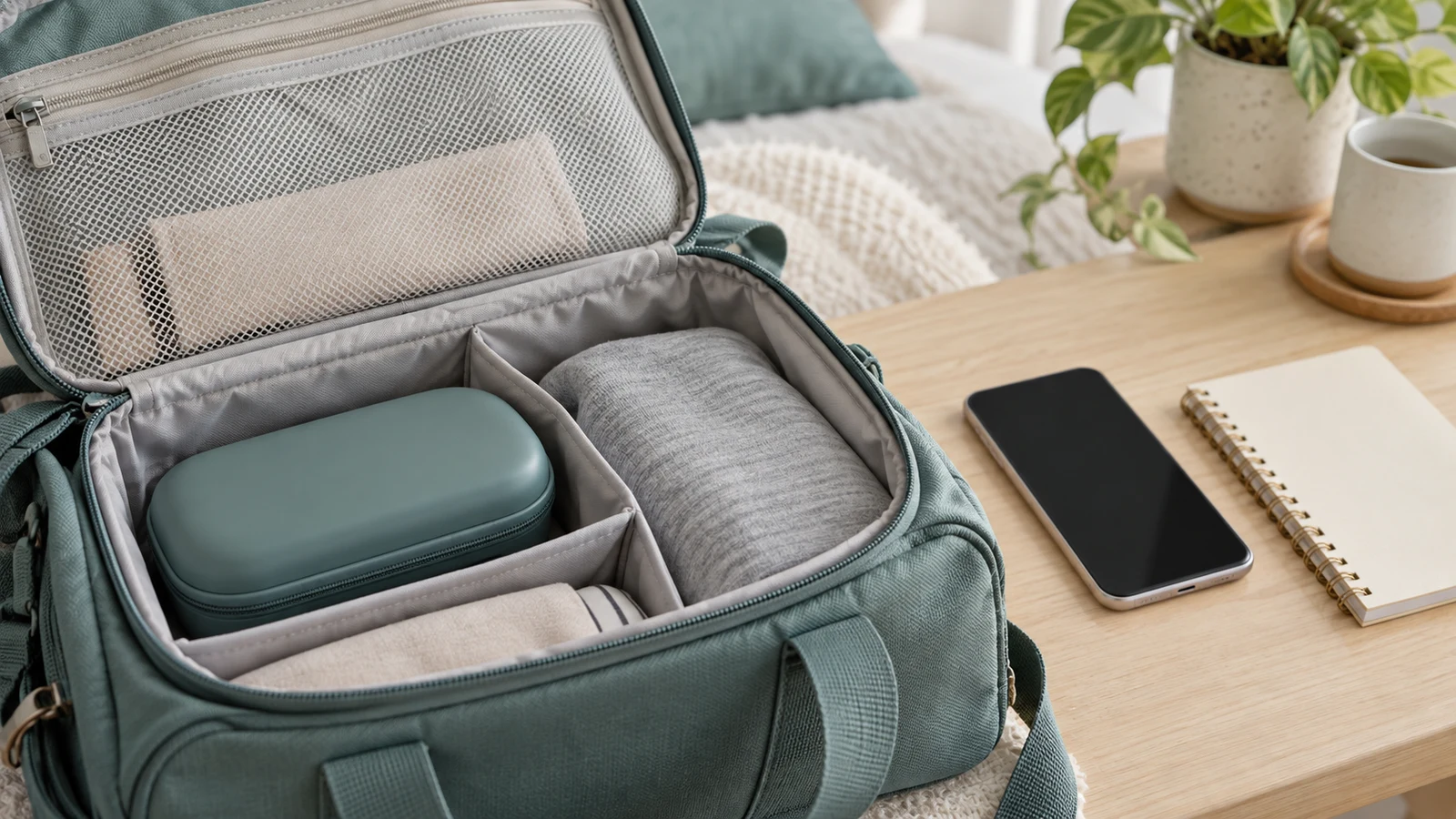 Closed protective case in a travel bag beside phone and notebook